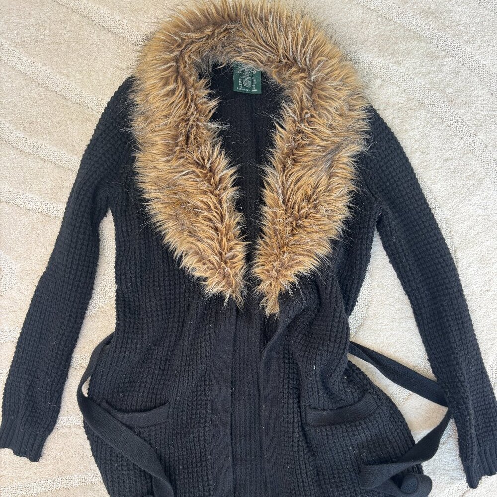 Ralph Lauren Jeans Co. Faux Fur Collar Waffle Knit Cardigan